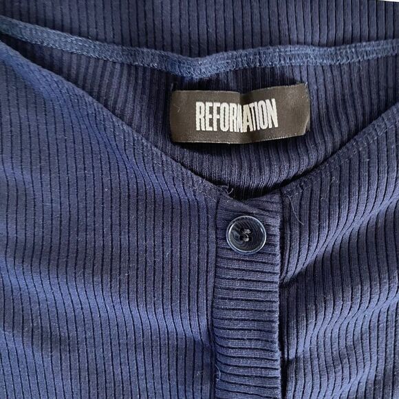 Reformation Women’s Navy Blue Malbec Off Shoulder Button Down Mini Dress Size XS - Picture 3 of 8